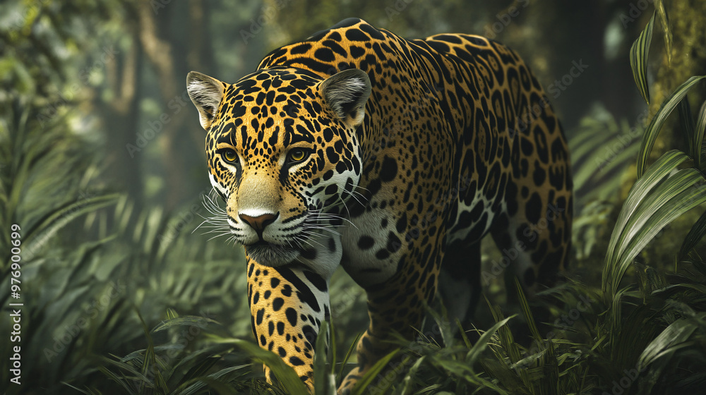 A jaguar prowling through the Amazon rainforest. A jaguar prowling through the Amazon rainforest.