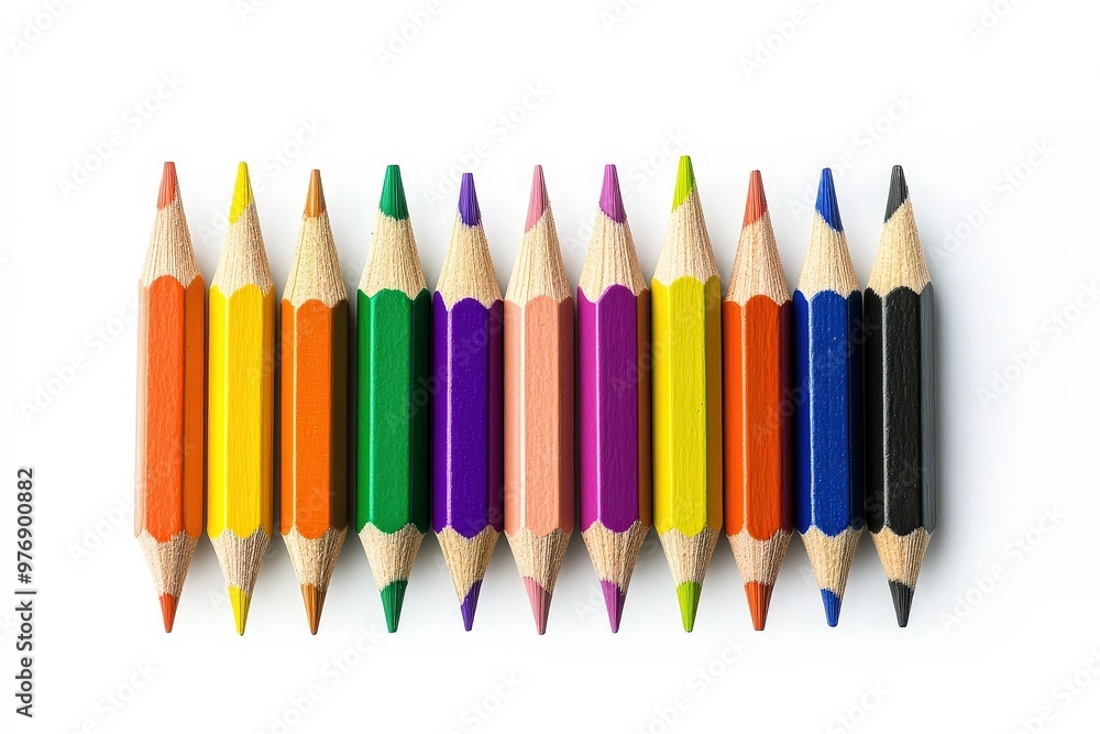 Close-Up of Colored Pencils Arranged in a Row on White Background. Beautiful simple AI generated image Close-Up of Colored Pencils Arranged in a Row on White Background. Beautiful simple AI generated image