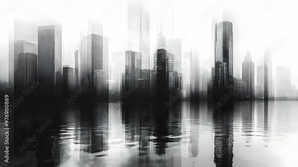 Fototapeta premium A black and white image of a city skyline with a reflection in the water. The image has a soft, dreamy look.