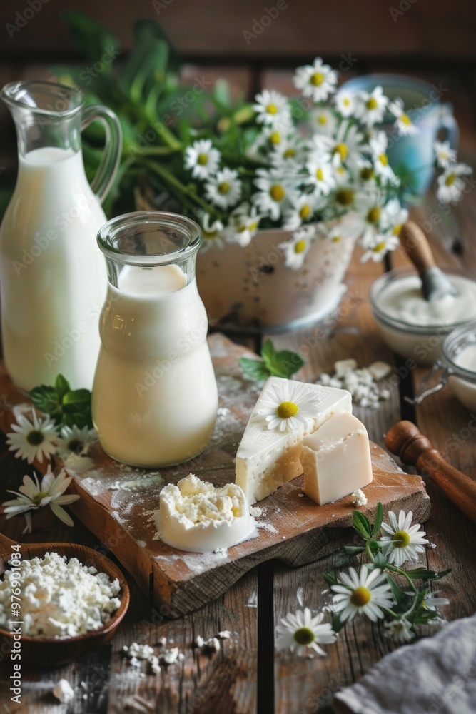 Rustic Dairy Products on Wooden Table with Flowers and Cheese Rustic Dairy Products on Wooden Table with Flowers and Cheese