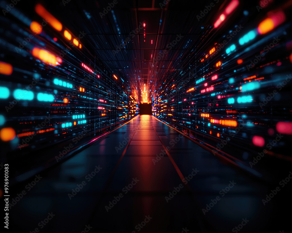 Vivid digital hallway with glowing lights and an abstract futuristic design, creating a sense of depth and technology. Vivid digital hallway with glowing lights and an abstract futuristic design, creating a sense of depth and technology.