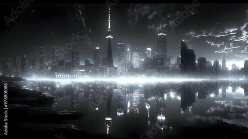 A black and white panoramic...