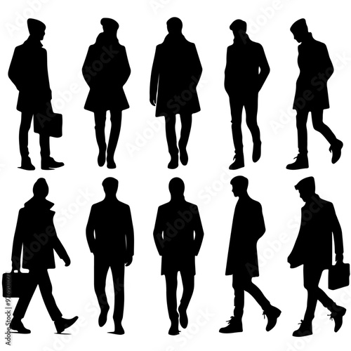 silhouette of a minimal business man walking forward in winter clothing pose on a white background