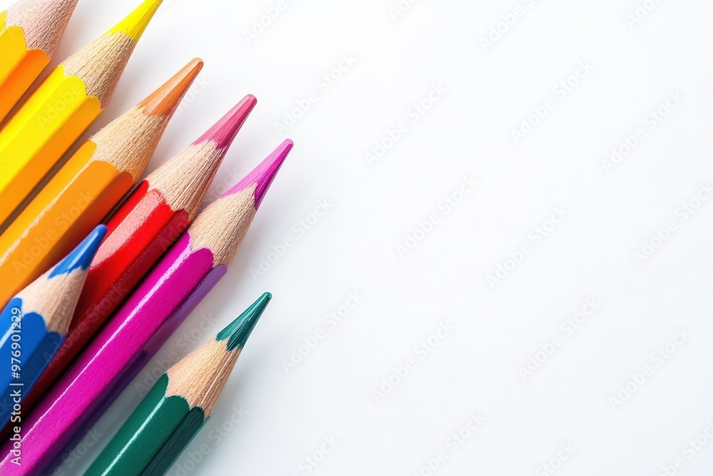Vibrant Spectrum of Colorful Wooden Pencils Arranged in a Row on White Background - Back to School Concept. Beautiful simple AI generated image Vibrant Spectrum of Colorful Wooden Pencils Arranged in a Row on White Background - Back to School Concept. Beautiful simple AI generated image