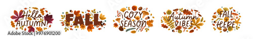 Autumn leaf designs set with leaves pattern, forest foliage and seasonal message. Circle frames, natural decorations with fall botanical elements. Flat vector illustration isolated on white background