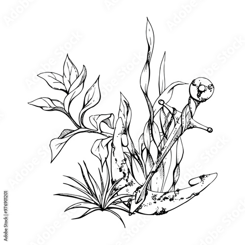 Marine life, sea ocean underwater creatures fish, shells algae seaweed, Ink and pen sketch hand drawn. Composition illustration, stylized, isolated on white. For zoo shop, aquarium, cosmetics, resort