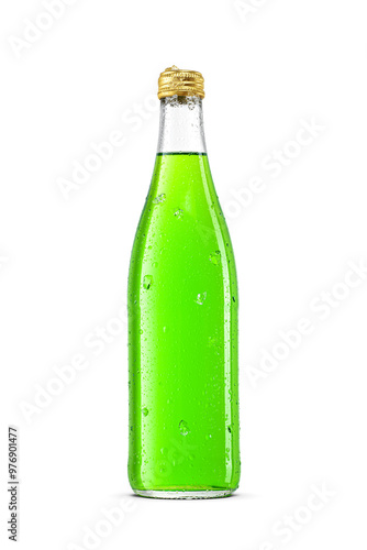 Cold glass bottle with green tarkhuna soft drink with water droplets isolated. Transparent PNG image. photo