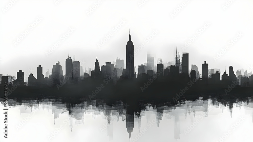 A black and white silhouette of a city skyline with a reflection of the buildings in the water below. A black and white silhouette of a city skyline with a reflection of the buildings in the water below.