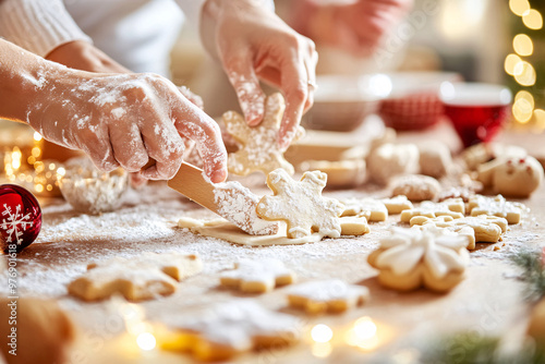 A cozy kitchen scene with friends baking Christmas cookies, rolling out dough, cutting festive shapes, and decorating with icing photo