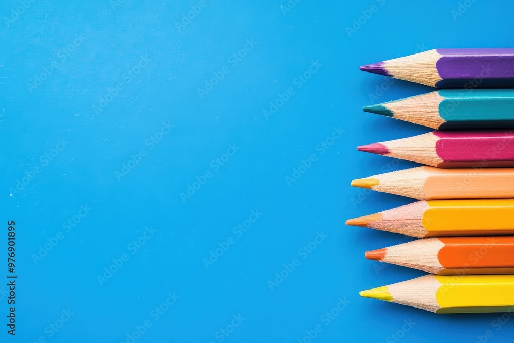 Fototapeta premium Crayons - colored pencil set loosely arranged on white background. colored pencils are not arranged exactly in a row.. Beautiful simple AI generated image