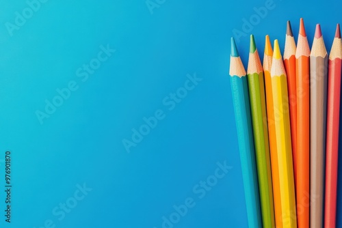 Crayons - colored pencil set loosely arranged on white background. colored pencils are not arranged exactly in a row.. Beautiful simple AI generated image