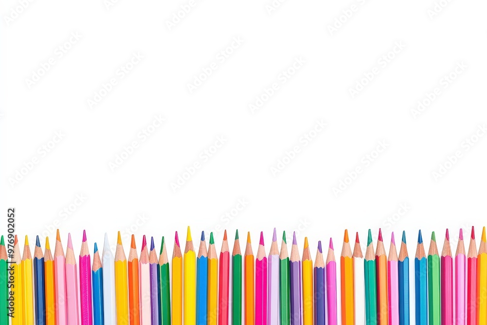 Close-Up of Colored Pencils Arranged in a Row on White Background. Beautiful simple AI generated image Close-Up of Colored Pencils Arranged in a Row on White Background. Beautiful simple AI generated image