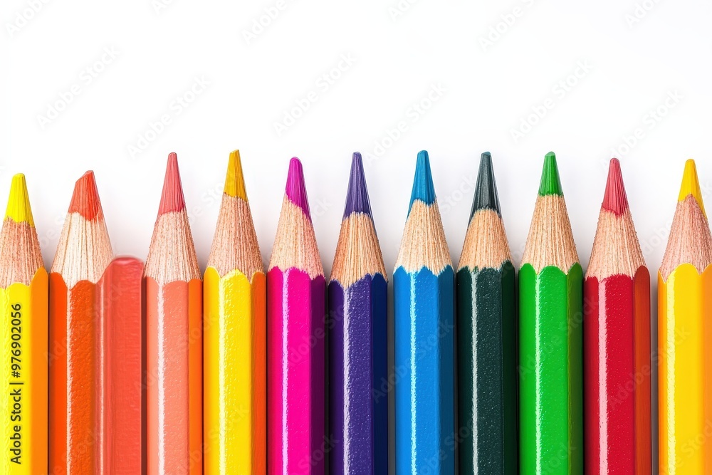 Close-Up of Colored Pencils Arranged in a Row on White Background. Beautiful simple AI generated image Close-Up of Colored Pencils Arranged in a Row on White Background. Beautiful simple AI generated image