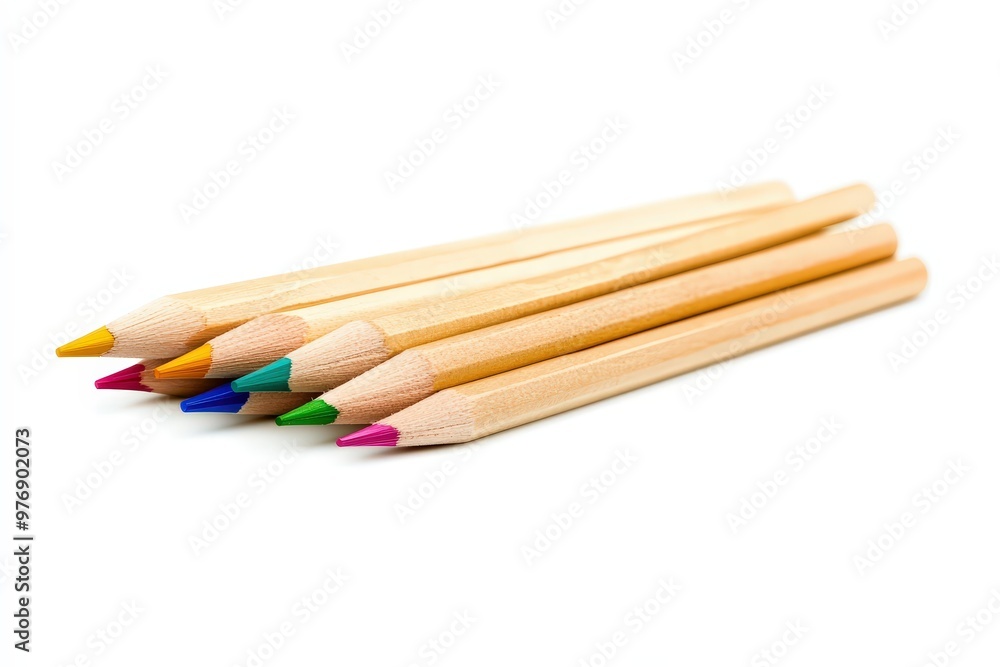 Close-Up of Colored Pencils Arranged in a Row on White Background. Beautiful simple AI generated image Close-Up of Colored Pencils Arranged in a Row on White Background. Beautiful simple AI generated image