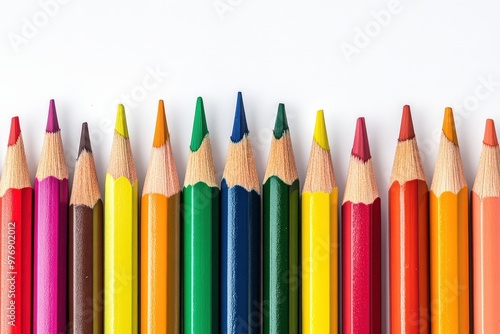 Close-Up of Colored Pencils Arranged in a Row on White Background. Beautiful simple AI generated image