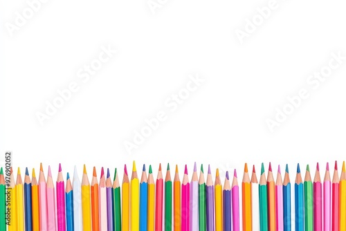 Close-Up of Colored Pencils Arranged in a Row on White Background. Beautiful simple AI generated image