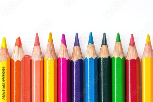 Close-Up of Colored Pencils Arranged in a Row on White Background. Beautiful simple AI generated image