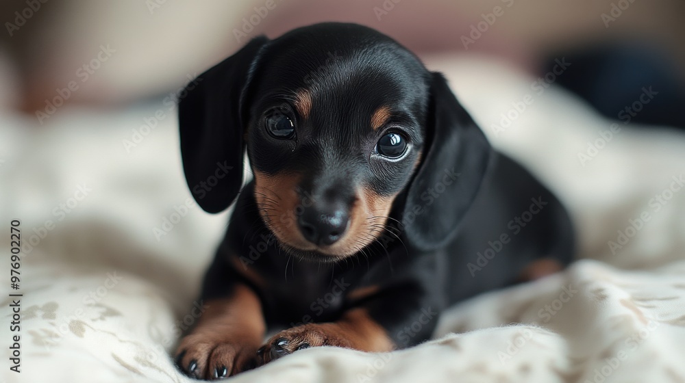 A small black and tan puppy laying on a bed, AI A small black and tan puppy laying on a bed, AI