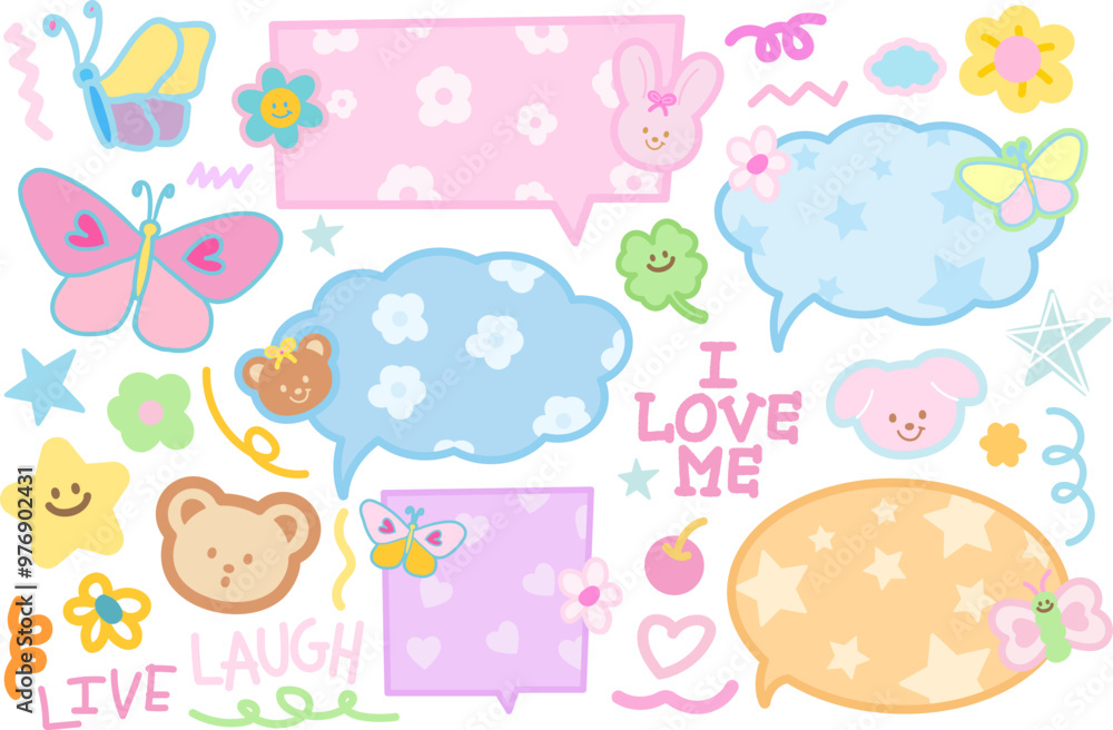 Pastel illustrations of butterfly, puppy, teddy bear, bunny, clover leaf, star, text bubbles for cartoon, animal, pet, zoo, souvenir shop, summer break, floral pattern, garden, blossom elements, icons Pastel illustrations of butterfly, puppy, teddy bear, bunny, clover leaf, star, text bubbles for cartoon, animal, pet, zoo, souvenir shop, summer break, floral pattern, garden, blossom elements, icons