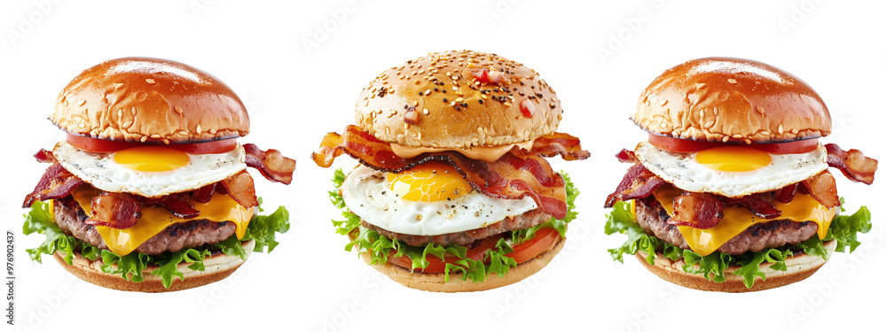 Set of different burgers with egg and bacon on transparent background PNG Set of different burgers with egg and bacon on transparent background PNG