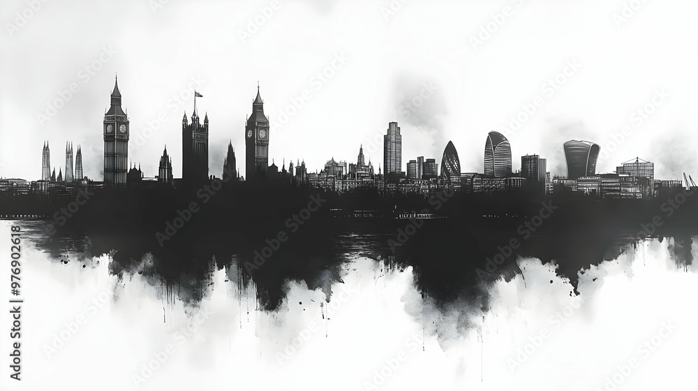 Fototapeta premium A black and white watercolor cityscape of London's iconic skyline, including Big Ben, the Houses of Parliament, and the Shard.