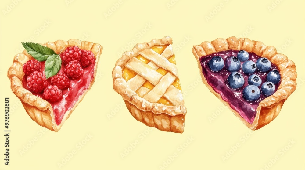 Watercolor set of apple pies and blueberries tarts,traditional pastries and delicious pie,hand painted triangular slice,thanksgiving,autumn season,Hand-drawn vector illustration,menu pattern. Watercolor set of apple pies and blueberries tarts,traditional pastries and delicious pie,hand painted triangular slice,thanksgiving,autumn season,Hand-drawn vector illustration,menu pattern.