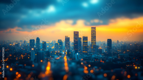 A blurry cityscape at dusk ...