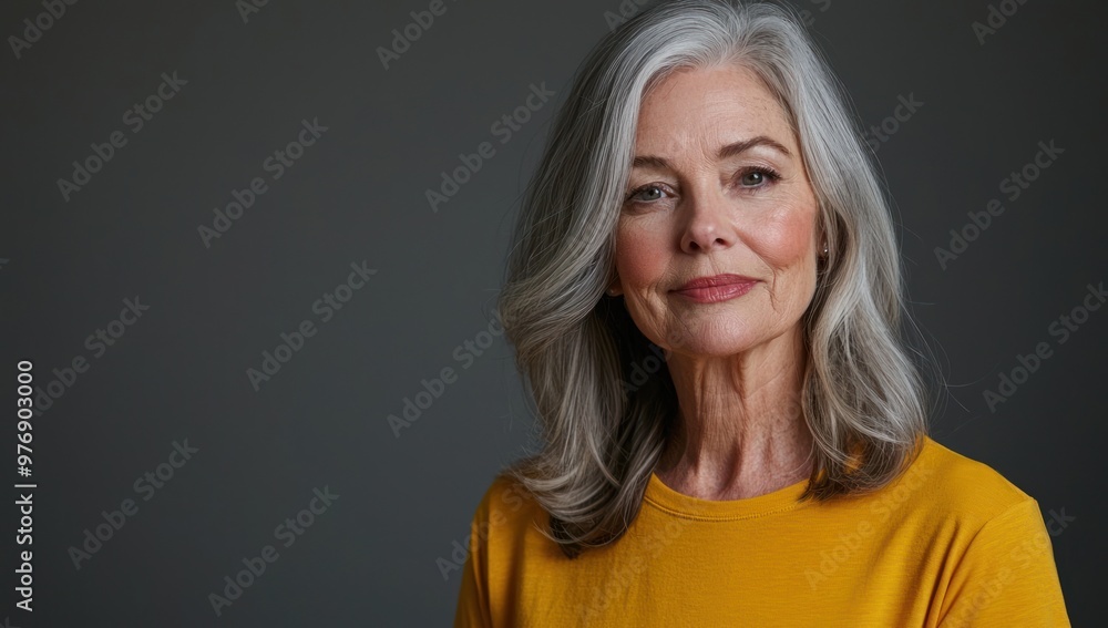 Portrait of a beautiful mature woman with gray hair, wearing a yellow T-shirt and looking at the camera against a gray background. This concept image could be used for skin care and beauty treatment Portrait of a beautiful mature woman with gray hair, wearing a yellow T-shirt and looking at the camera against a gray background. This concept image could be used for skin care and beauty treatment