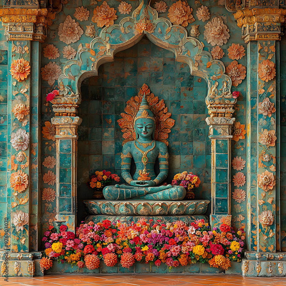 Obraz premium A serene Buddha statue surrounded by colorful flowers, showcasing intricate details in a tranquil temple setting.