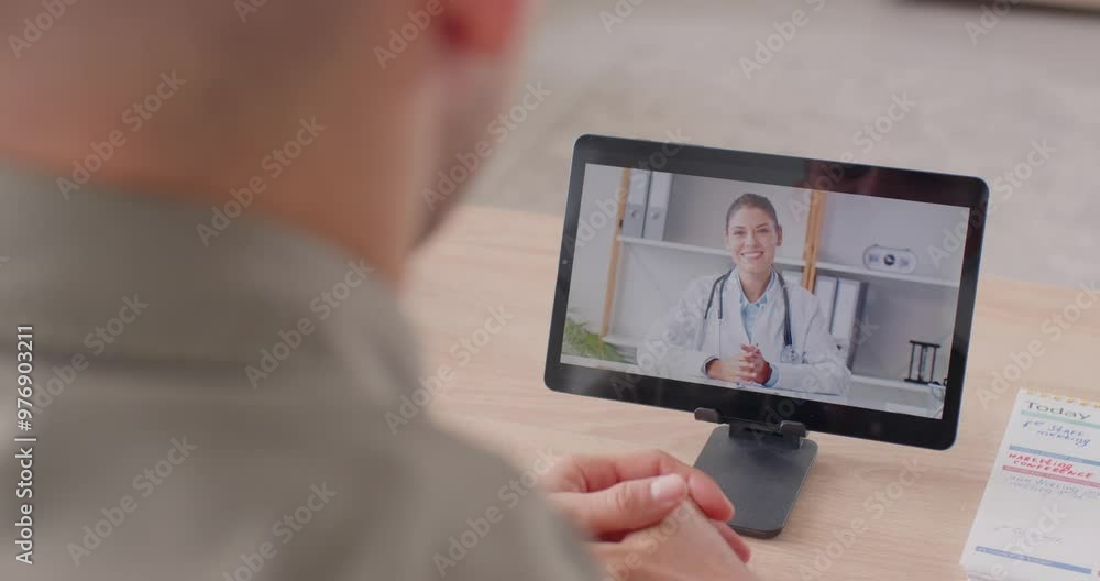Male patient talking online to female young friendly doctor from home during conference video call using tablet. Man having medical consultation by virtual webcam. Telemedicine concept. 4k video. Male patient talking online to female young friendly doctor from home during conference video call using tablet. Man having medical consultation by virtual webcam. Telemedicine concept. 4k video.