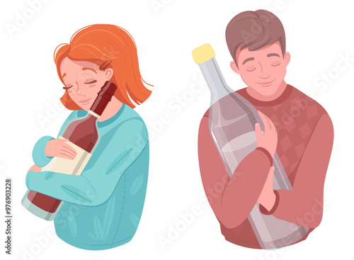 Young drunken man and woman cartoon characters hugging bottle with alcohol drink suffering from addiction and negative habit vector illustration