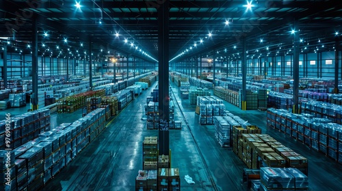 A panoramic view of a state-of-the-art warehouse filled with rows of refrigerated storage units, their LED lights casting a cool blue glow over stacks of neatly organized crates and boxes 
