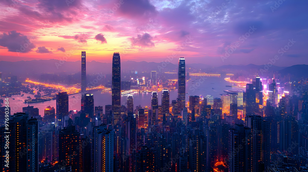 Fototapeta premium A breathtaking aerial view of a modern city skyline at sunrise
