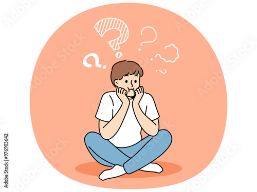 Thoughtful boy sits with sad face and questions above head, thinking about how to spend holidays. Teenager child is trying to remember forgotten information, or to find answers to questions.