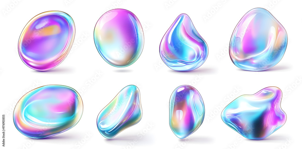 Collection of 3D holographic liquid bubbles with iridescent effects, on a white backdrop Collection of 3D holographic liquid bubbles with iridescent effects, on a white backdrop