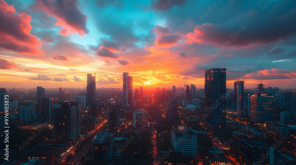 A breathtaking aerial view of a modern city skyline at sunset, with a fiery orange and pink sky casting an ethereal glow over the buildings. A breathtaking aerial view of a modern city skyline at sunset, with a fiery orange and pink sky casting an ethereal glow over the buildings.