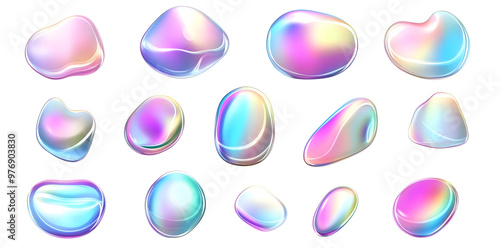 Set of iridescent holographic liquid bubbles in 3D, placed on a white background