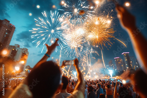 Spectacular fireworks lighting up the night sky at a New Year�s Eve celebration, with a crowd of people watching in awe