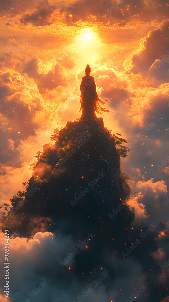Fototapeta premium A serene figure stands atop a mountain, bathed in golden light amidst swirling clouds, evoking a sense of peace and enlightenment.