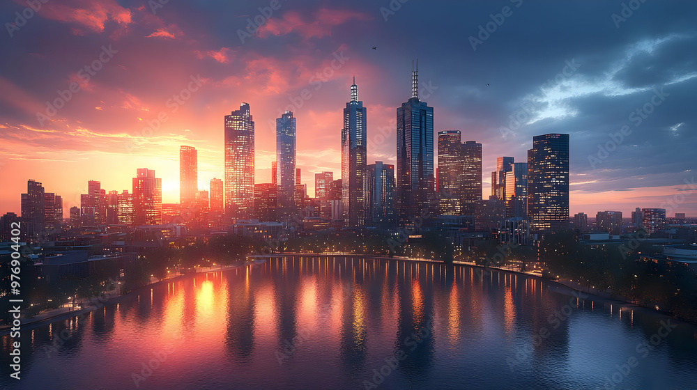 A breathtaking cityscape with a vibrant sunset reflecting in the water, creating a stunning panorama. A breathtaking cityscape with a vibrant sunset reflecting in the water, creating a stunning panorama.