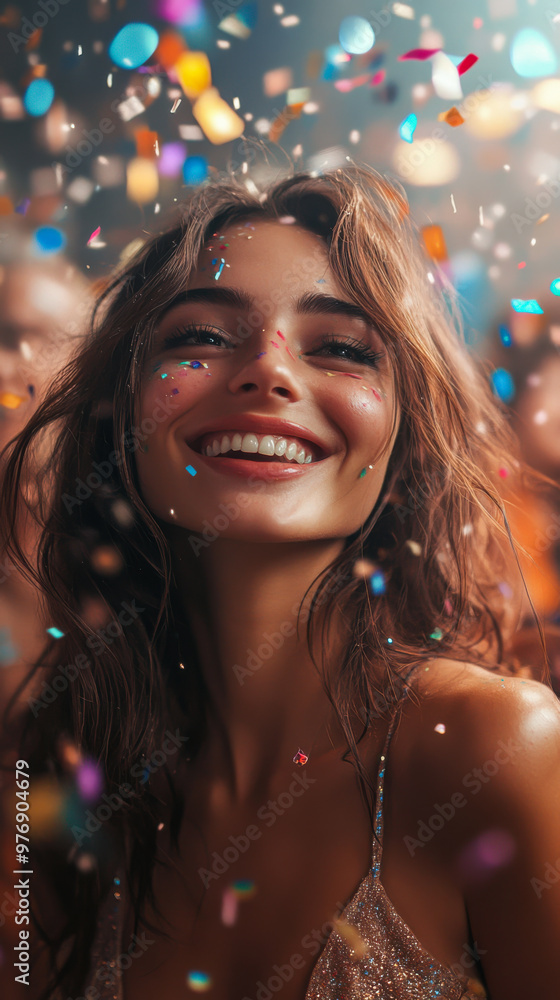 A joyful woman surrounded by colorful confetti at a lively party venue during a festive celebration night A joyful woman surrounded by colorful confetti at a lively party venue during a festive celebration night