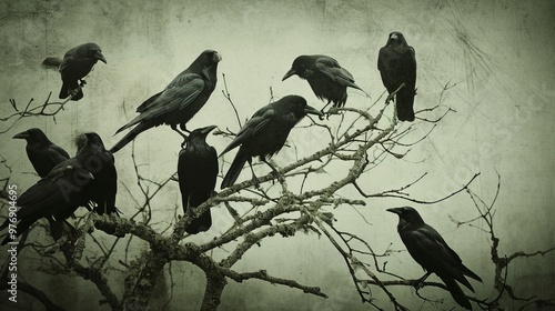 group of crows gathered on a leafless tree branch, conveying a sense of communal intelligence and communication