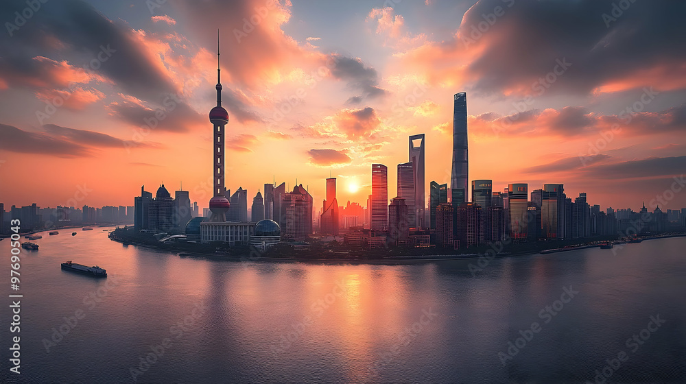 A breathtaking panoramic view of the Shanghai skyline with a stunning sunrise over the Huangpu River. A breathtaking panoramic view of the Shanghai skyline with a stunning sunrise over the Huangpu River.