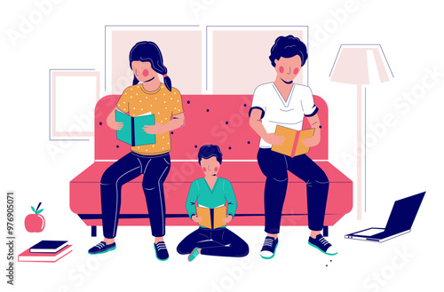 Family reading paper book together while resting in cozy living room at home vector illustration. Mother, father and preschool son enjoying hobby time scene