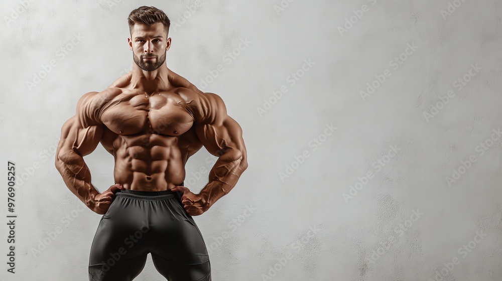 A muscular man with a beard is posing for the camera. A muscular man with a beard is posing for the camera.