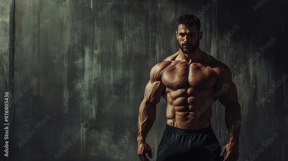 A muscular man is flexing his bicep, standing in front of a gray background. A muscular man is flexing his bicep, standing in front of a gray background.