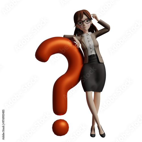 3D Education Enforcement female teacher. Female teacher leaning on a large question mark symbol with her left hand above her head while her right hand is above the question mark. Professional