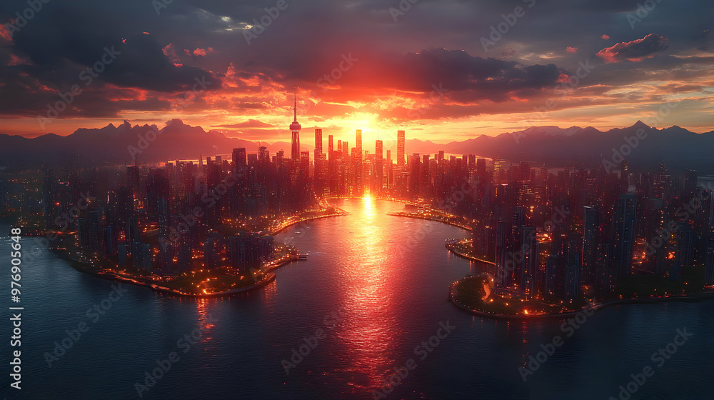 A breathtaking sunrise over a modern cityscape with tall skyscrapers reflecting in the water. A breathtaking sunrise over a modern cityscape with tall skyscrapers reflecting in the water.
