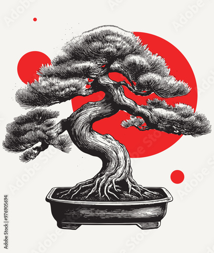 Vintage engraving of bonsai tree