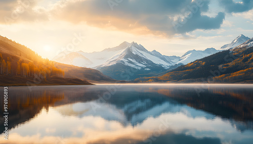 Nature Bliss: A serene mountain landscape with a lake reflecting the snowy peaks at sunrise